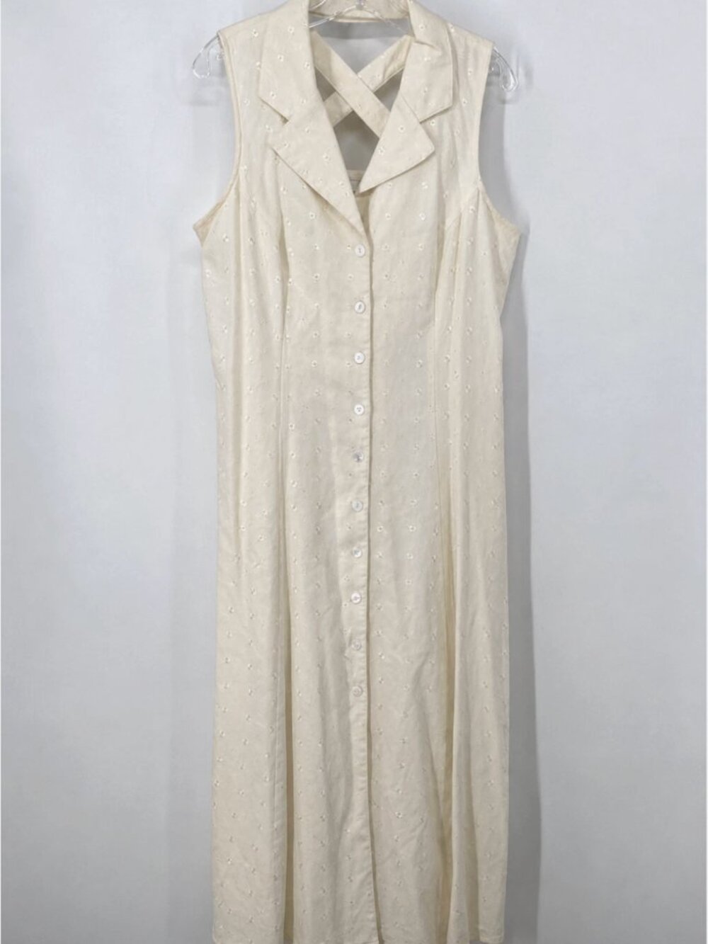 Vintage Linen Blend Maxi Dress Size 14 Sleeveless Embroidered Floral Cream White